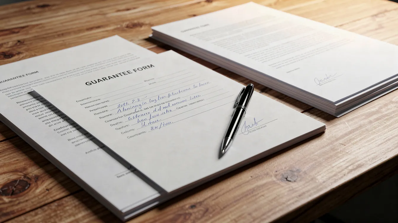 a2371a42 c4fa 488e 9f1f b997fc4554f3 The image shows a wooden desk with various documents, a pen, and a guarantee form, which are essential for the loan application process, particularly for a mudra loan. This setup highlights the importance of having a loan guarantor and understanding the responsibilities involved in securing financial assistance for small enterprises.