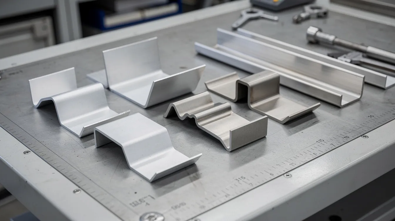 The image features several bent sheet metal parts made from aluminum and stainless steel, arranged on an inspection table. Each piece showcases varying bend angles and profiles, illustrating the sheet metal bending process and the precision required for accurate bends in metal fabrication.