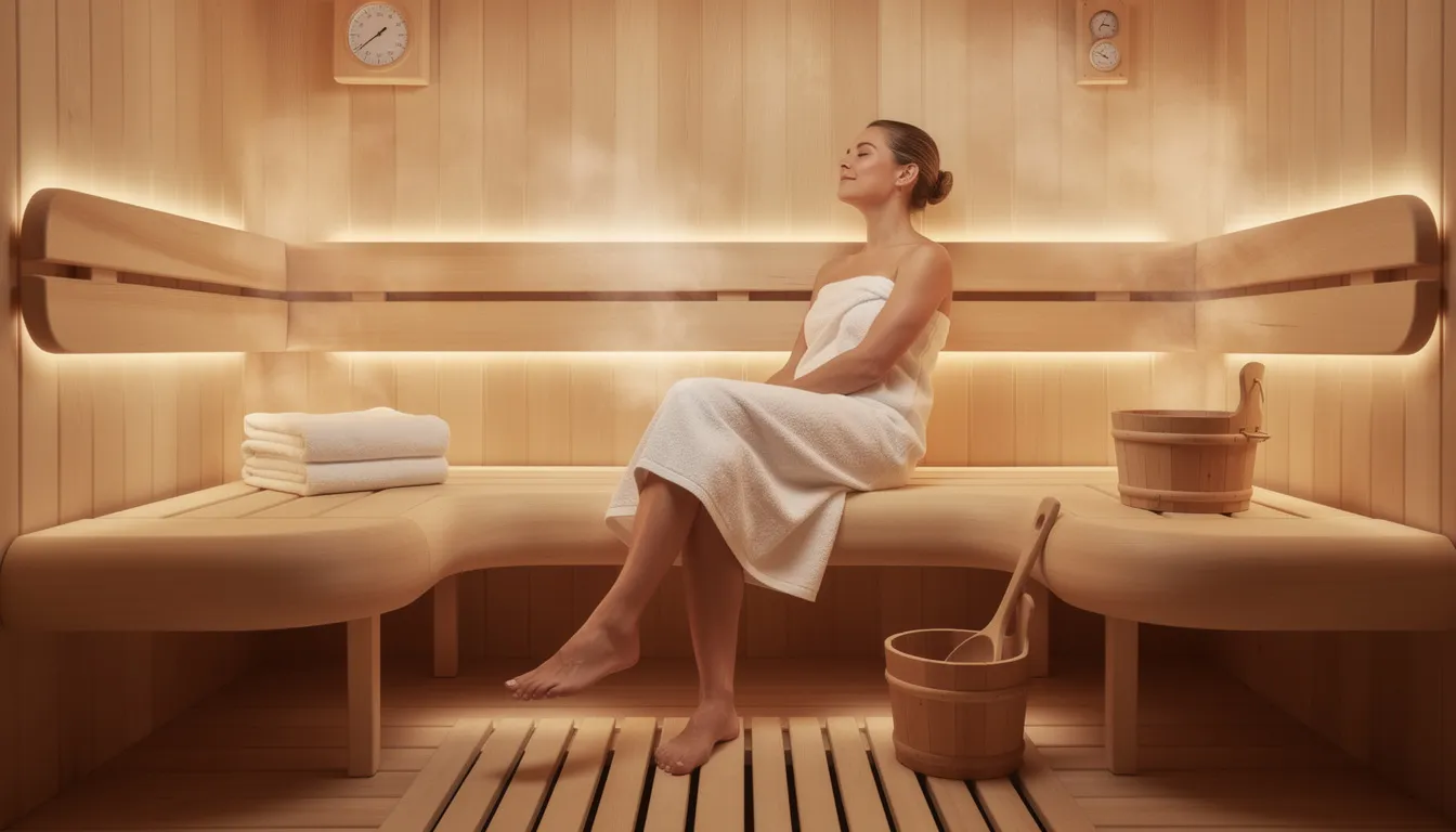 The image showcases a serene sauna environment designed for user comfort, featuring both traditional and infrared saunas. With gentle heat enveloping the space, it highlights the health benefits of sauna therapy, including improved cardiovascular health and muscle relaxation, while emphasizing the cozy atmosphere ideal for deep relaxation.