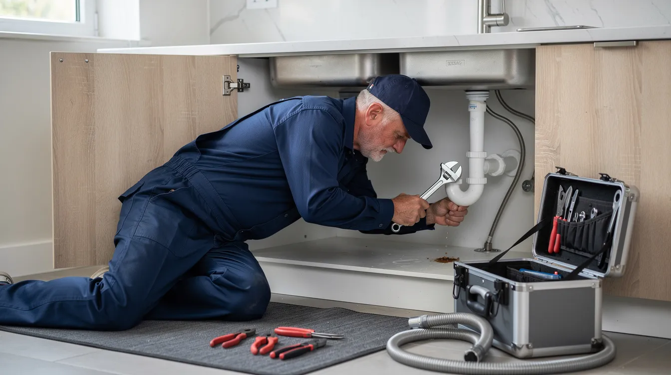 The image shows a professional plumber in action, using specialized tools to clear a clogged drain in a residential bathroom sink. The technician is focused on restoring proper flow through the drain pipes, ensuring effective drain cleaning and preventing future plumbing problems.