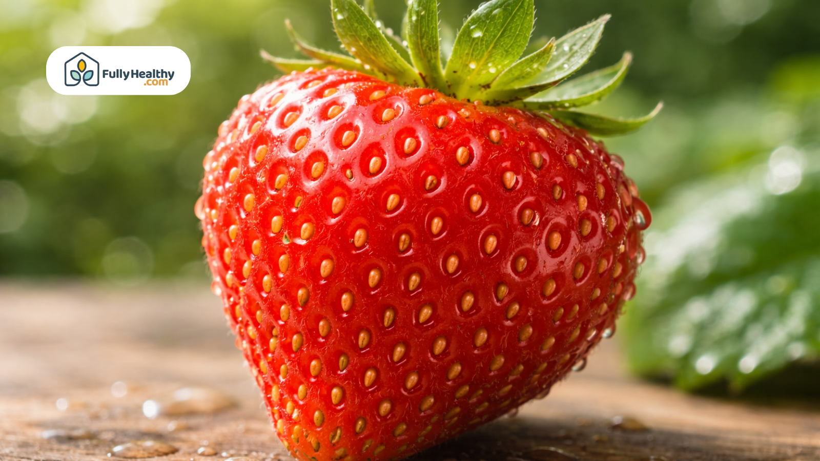 Ripe strawberry with seeds resting on a wooden surface outdoors