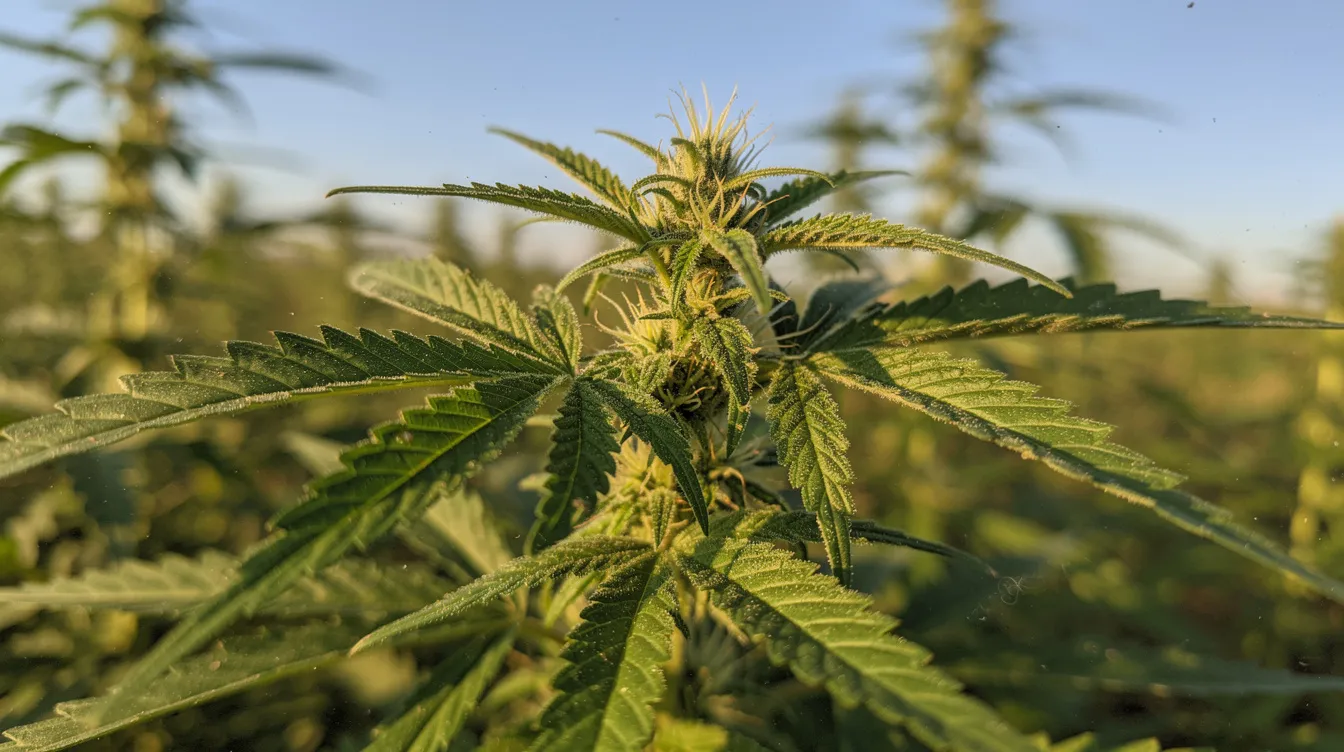 A close-up view of a vibrant green hemp plant basking in natural sunlight, showcasing its lush leaves and healthy growth. This image highlights the importance of hemp in the context of medical cannabis and recreational marijuana, as well as its potential for producing hemp-derived products.