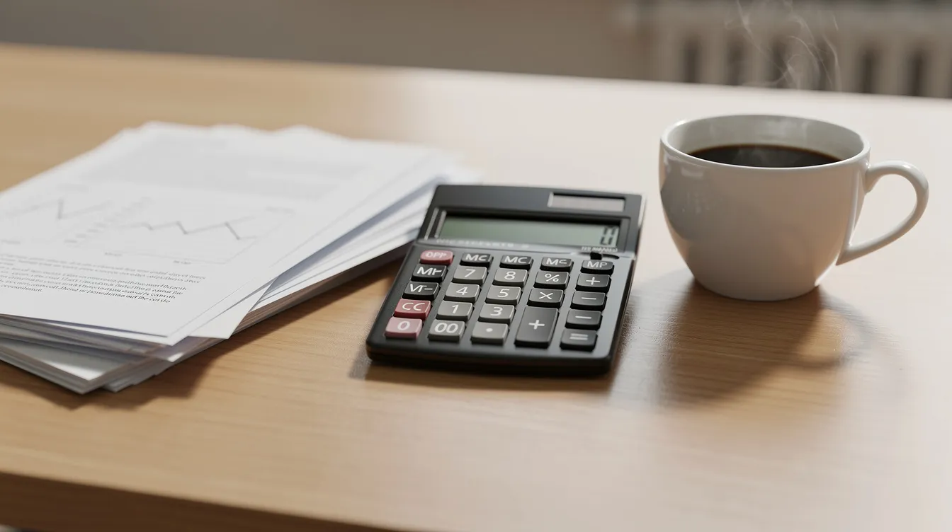 The image shows a calculator on a wooden desk, accompanied by a stack of papers and a coffee cup, suggesting a workspace for managing finances, possibly related to monthly payments or understanding the repayment period of a home equity line of credit (HELOC). The scene conveys a sense of organization and focus on financial planning.