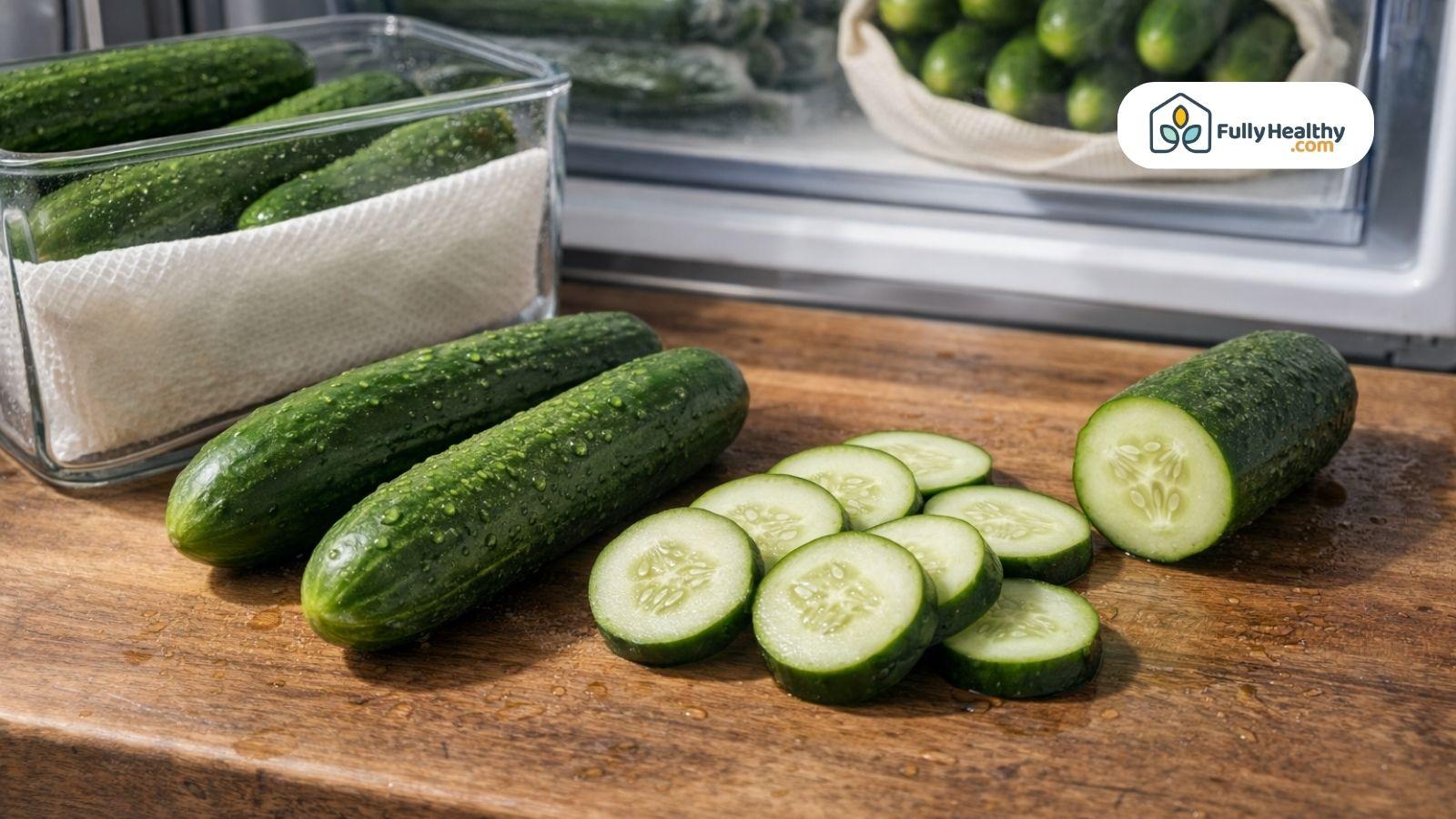 Fresh cucumbers and slices on wooden board with fridge in background