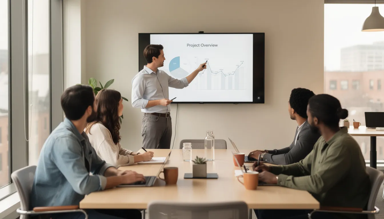 A person is presenting to a small group in a casual meeting setting, sharing valuable insights and tips on managing short term rental properties, focusing on successful business strategies for Airbnb hosts. The atmosphere is collaborative, with attendees engaged in discussing pricing strategies and consulting services.