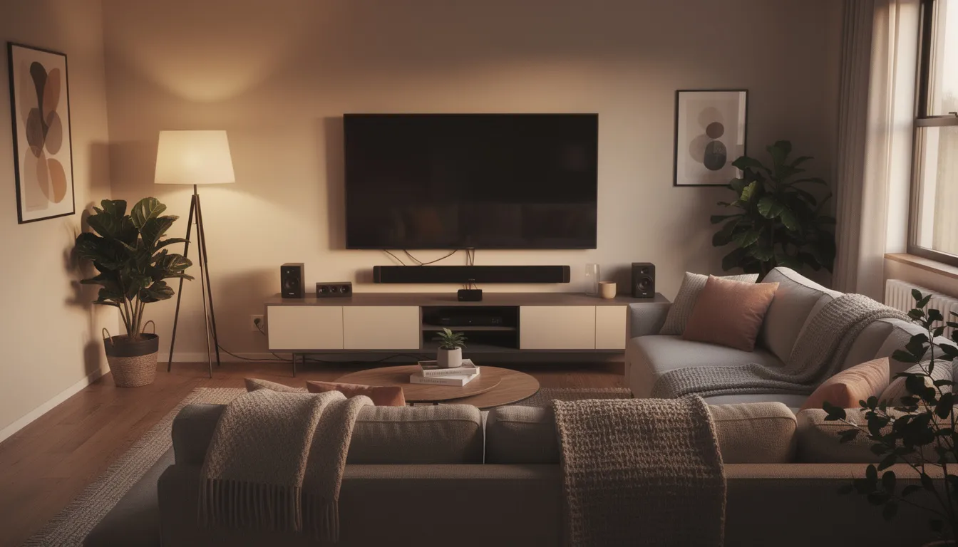 The image depicts a cozy living room featuring a wall-mounted television and a modern entertainment setup, creating an inviting atmosphere for relaxation and entertainment. This space could benefit from professional DSTV installation services to enhance the viewing experience with optimal signal quality and a seamless installation process.
