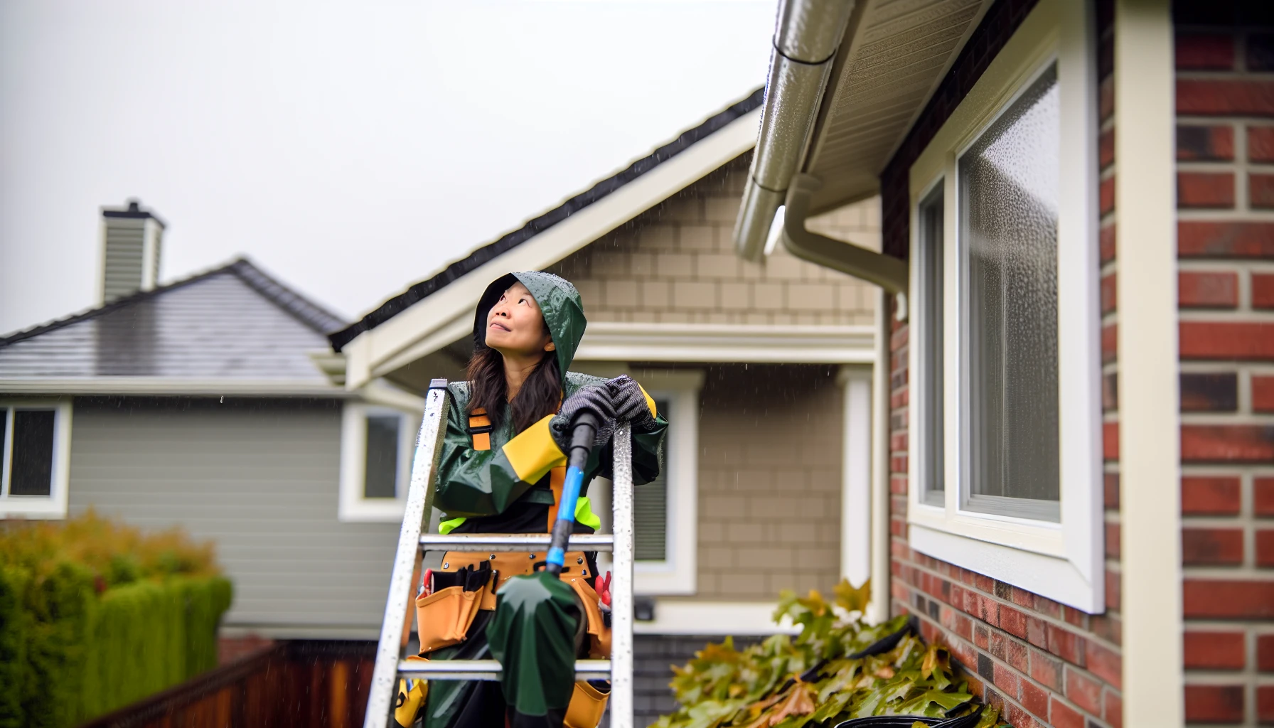 Wearing safety gear for rain gutter cleaning
