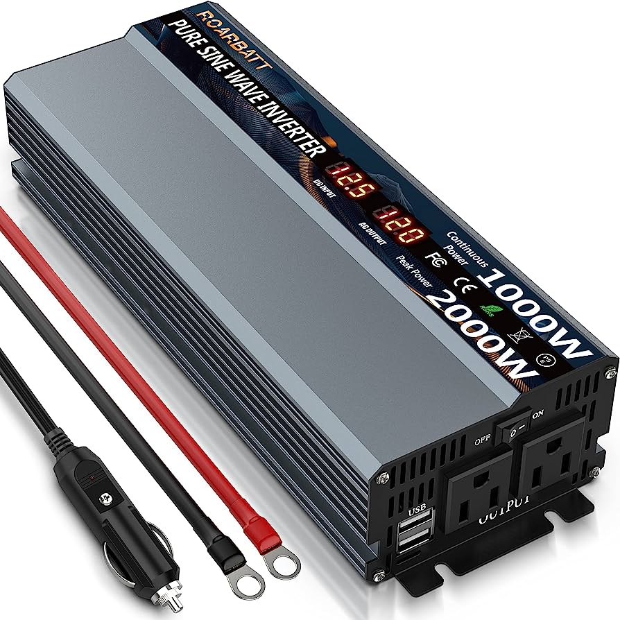 An image of a 1000w inverter with multiple outlets and a digital display for assessing power requirements.