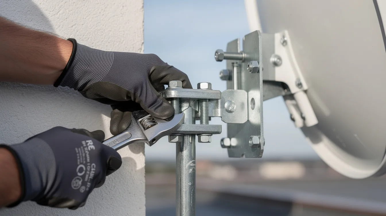 A technician's hands are seen closely adjusting a mounting bracket for a satellite dish, emphasizing the careful work involved in professional DSTV installation services. This image highlights the importance of precise dish alignment for optimal signal reception in South Africa.
