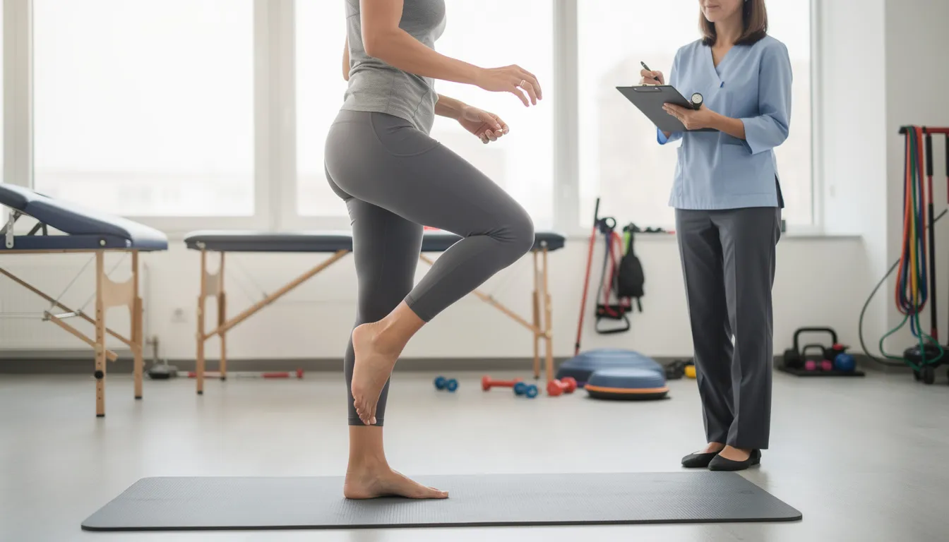 A patient is engaged in a single-leg balance test during a physical therapy evaluation, demonstrating their ability to maintain stability and assess functional limitations. This exercise is part of a comprehensive care plan designed by physical therapists to identify movement dysfunction and develop effective treatment plans for restoring function.