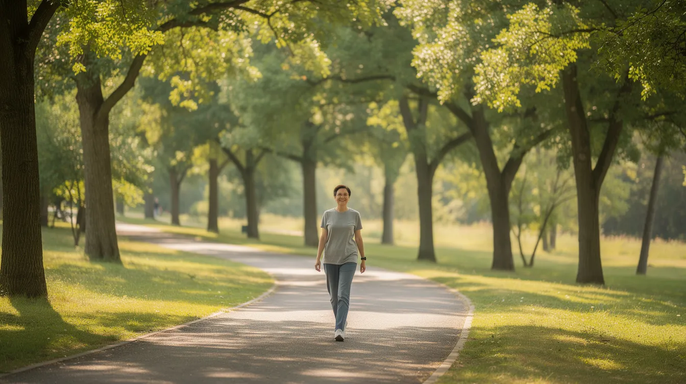 A person is taking a gentle outdoor walk along a tree-lined path during the daytime, enjoying the fresh air and natural surroundings. The scene evokes a sense of tranquility and promotes a healthy lifestyle, which can complement procedures like tummy tuck surgery for those seeking a firmer abdomen.