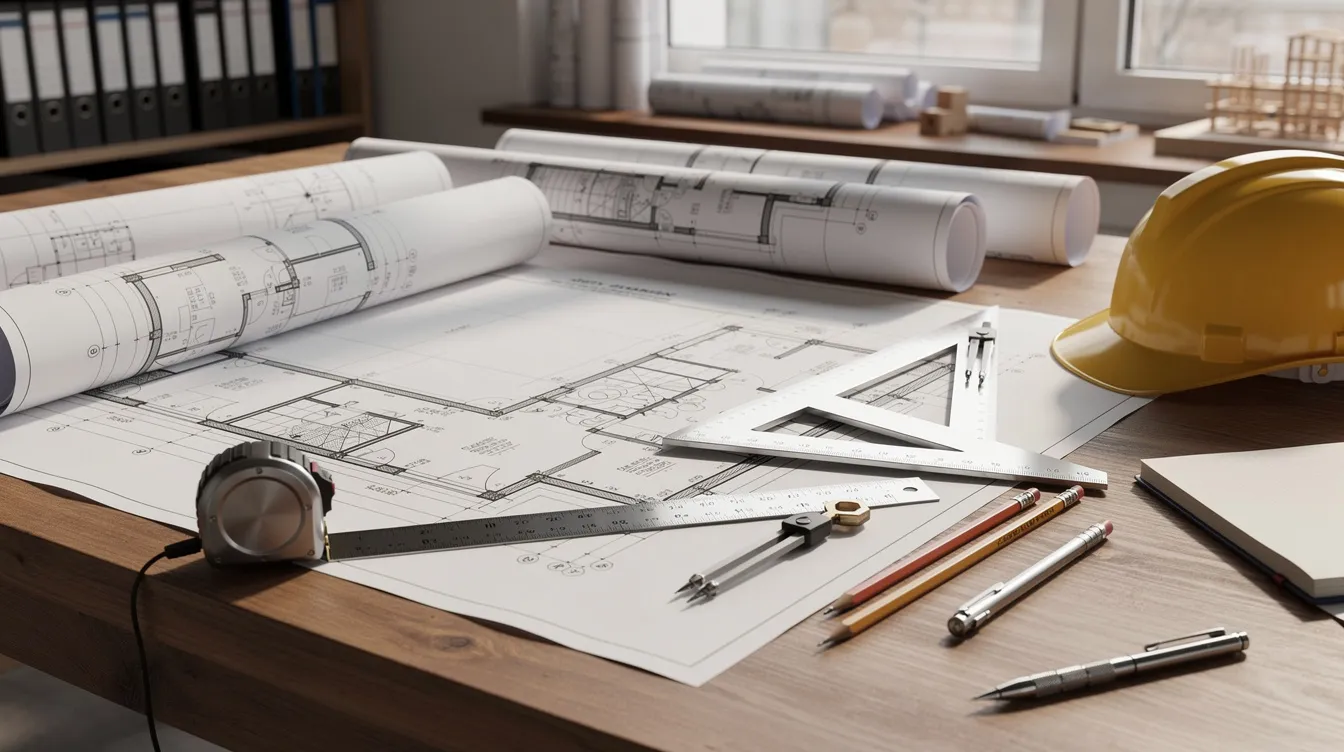 The image shows a collection of construction blueprints alongside various measuring tools on a table, symbolizing the detailed analysis required for a cost segregation study. This process can lead to significant tax savings for property owners by allowing for accelerated depreciation deductions and improved cash flow.