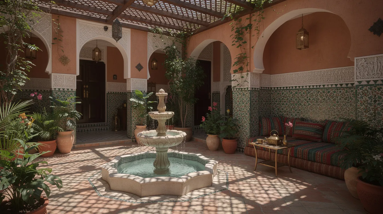 The image depicts a tranquil Moroccan riad courtyard adorned with lush plants, a soothing fountain, and shaded seating areas, perfect for relaxing during sunny days or cooler nights. This serene space reflects the local customs and influences of Moroccan culture, making it an ideal spot for travelers to unwind amidst the vibrant life of Marrakech.