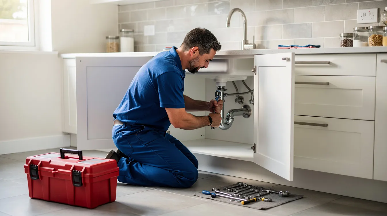 A professional plumber in a blue uniform working under a kitchen sink in a Glendale home, ensuring reliable plumbing service from a trusted local company.