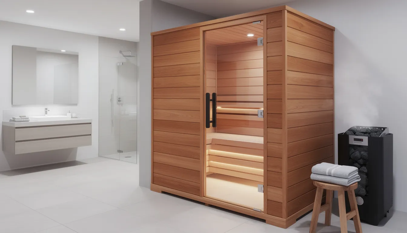 The image depicts a modern wooden home sauna set up in a residential bathroom or basement, showcasing a sleek design that promotes relaxation and health benefits. This sauna is ideal for sauna sessions aimed at calorie burn, muscle recovery, and enhancing cardiovascular health through heat exposure.