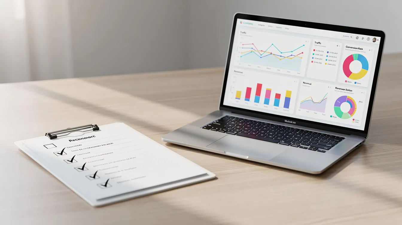 The image features a clipboard with a checklist beside a laptop displaying detailed analytics dashboards, illustrating the planning and monitoring process crucial for effective Shopify development services. This setup emphasizes the importance of data-driven decision-making for optimizing online stores and enhancing ecommerce strategies.