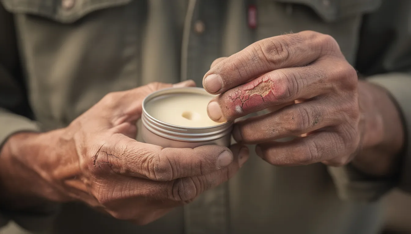 A man is applying a natural hand salve from a small metal tin onto his work-worn hands, which are dry and cracked from hard work. The salve, enriched with shea butter, essential oils, and other natural ingredients, promises to soothe and moisturize, leaving his hands feeling silky smooth without a greasy residue.