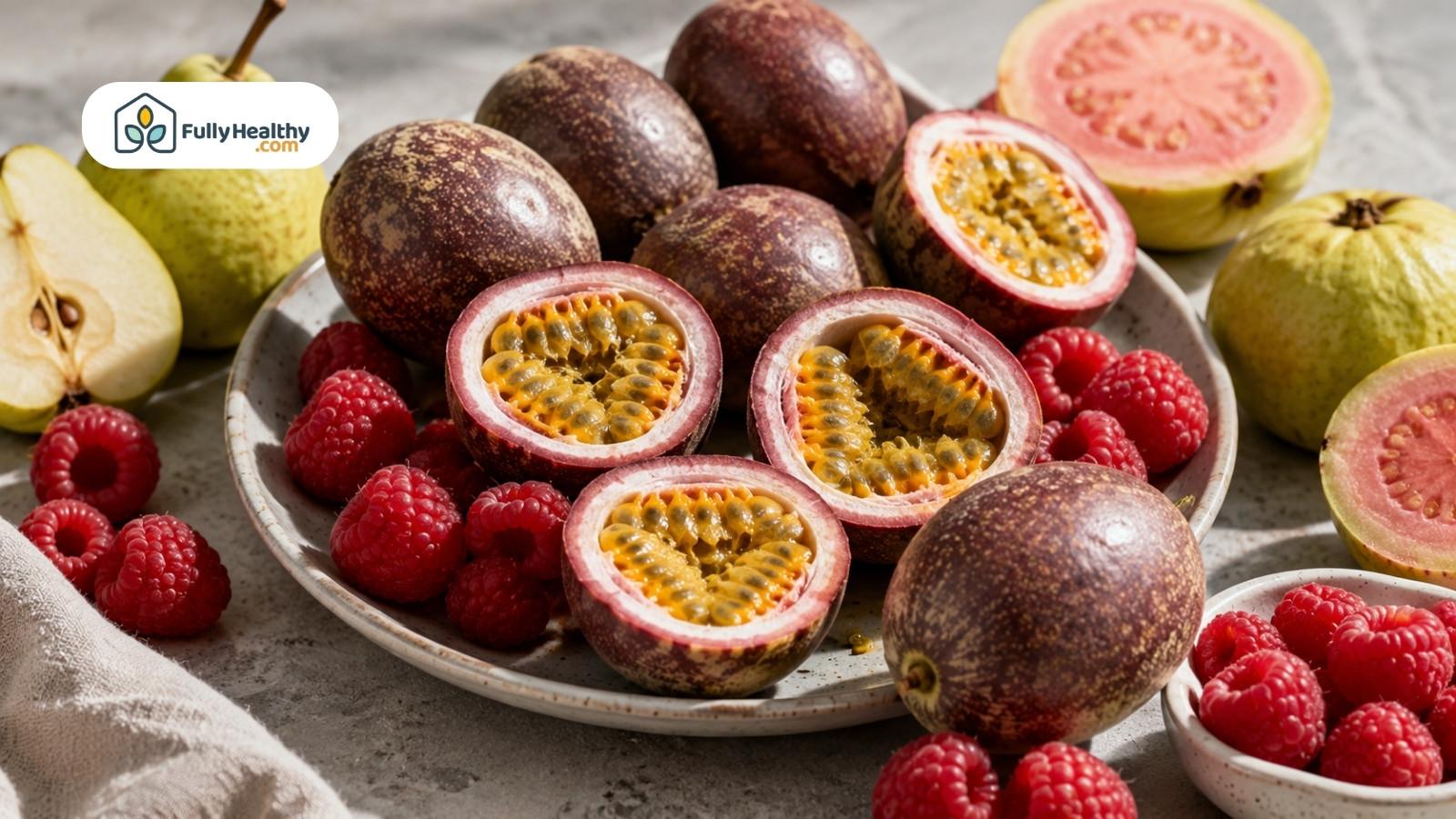 Passion fruits, raspberries, guava, and pears arranged on plate in sunlight