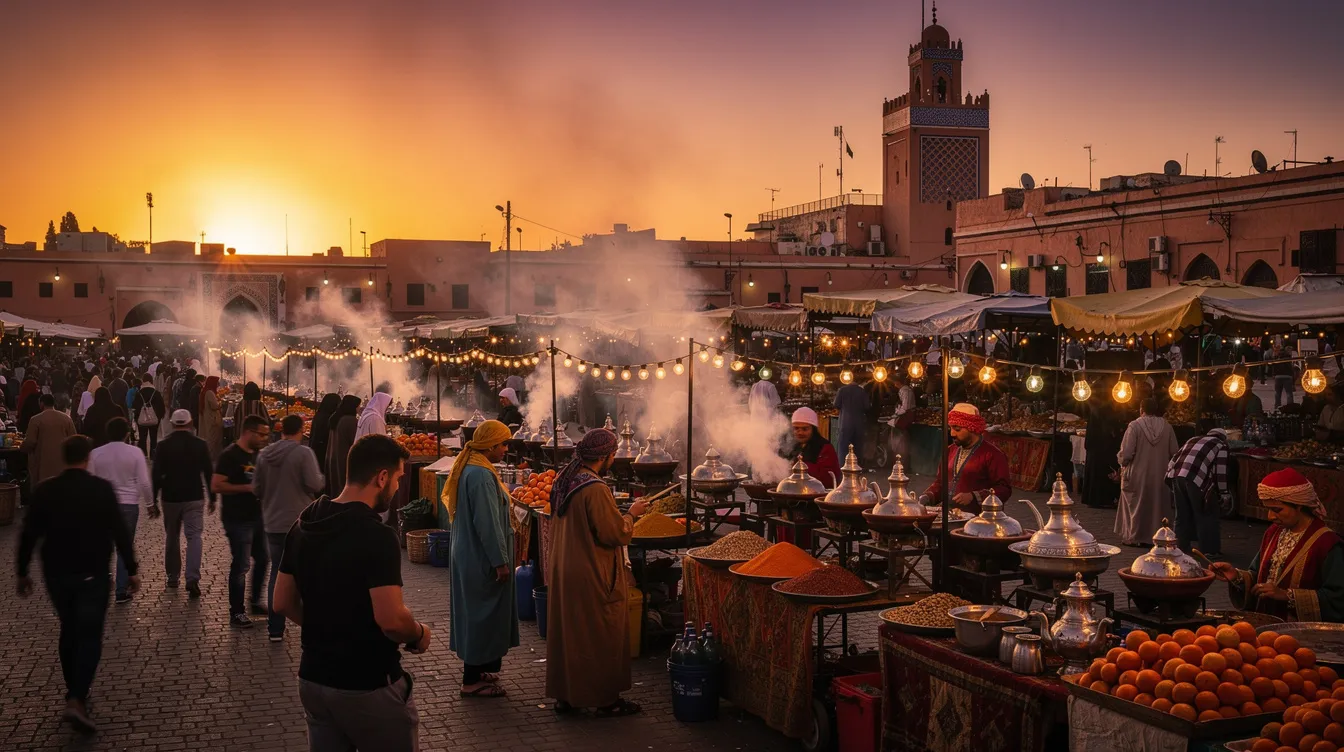 The image depicts Jemaa el Fnaa square in Marrakech, Morocco, at sunset, with smoke rising from food stalls and crowds of tourists enjoying the vibrant atmosphere among the orange-lit stalls. This UNESCO World Heritage site is a cultural attraction, bustling with life as people explore the local cuisine and unique wares.
