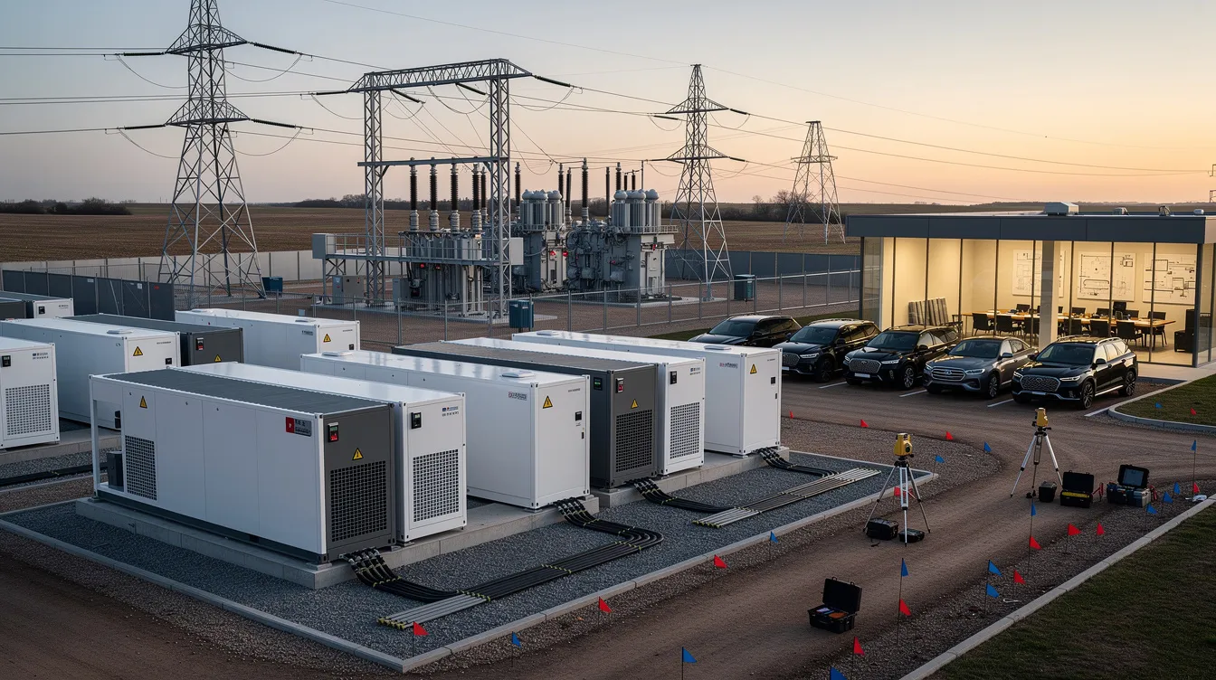 The image depicts a sophisticated utility-scale battery energy storage project under development, showcasing modern battery energy storage systems (BESS) and grid infrastructure. The scene conveys a premium corporate aesthetic, highlighting the intersection of energy infrastructure and project financing, with subtle visual cues of institutional investment and regulatory compliance.