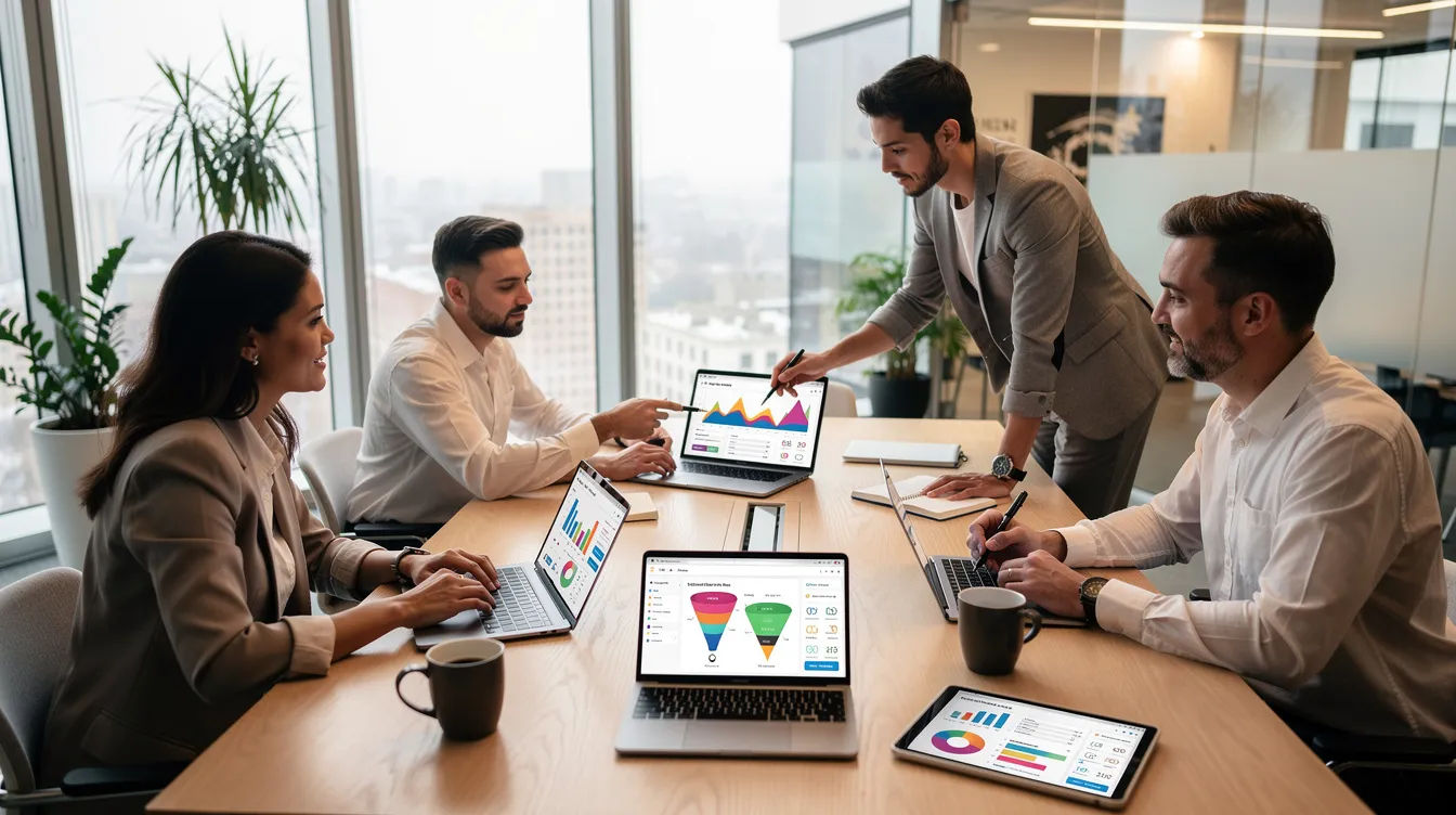 A marketing team is gathered in a modern workspace, intently reviewing ecommerce analytics on their laptops. They analyze key metrics such as average order value and customer satisfaction to enhance their online store's performance and optimize product page design examples for better conversion rates.