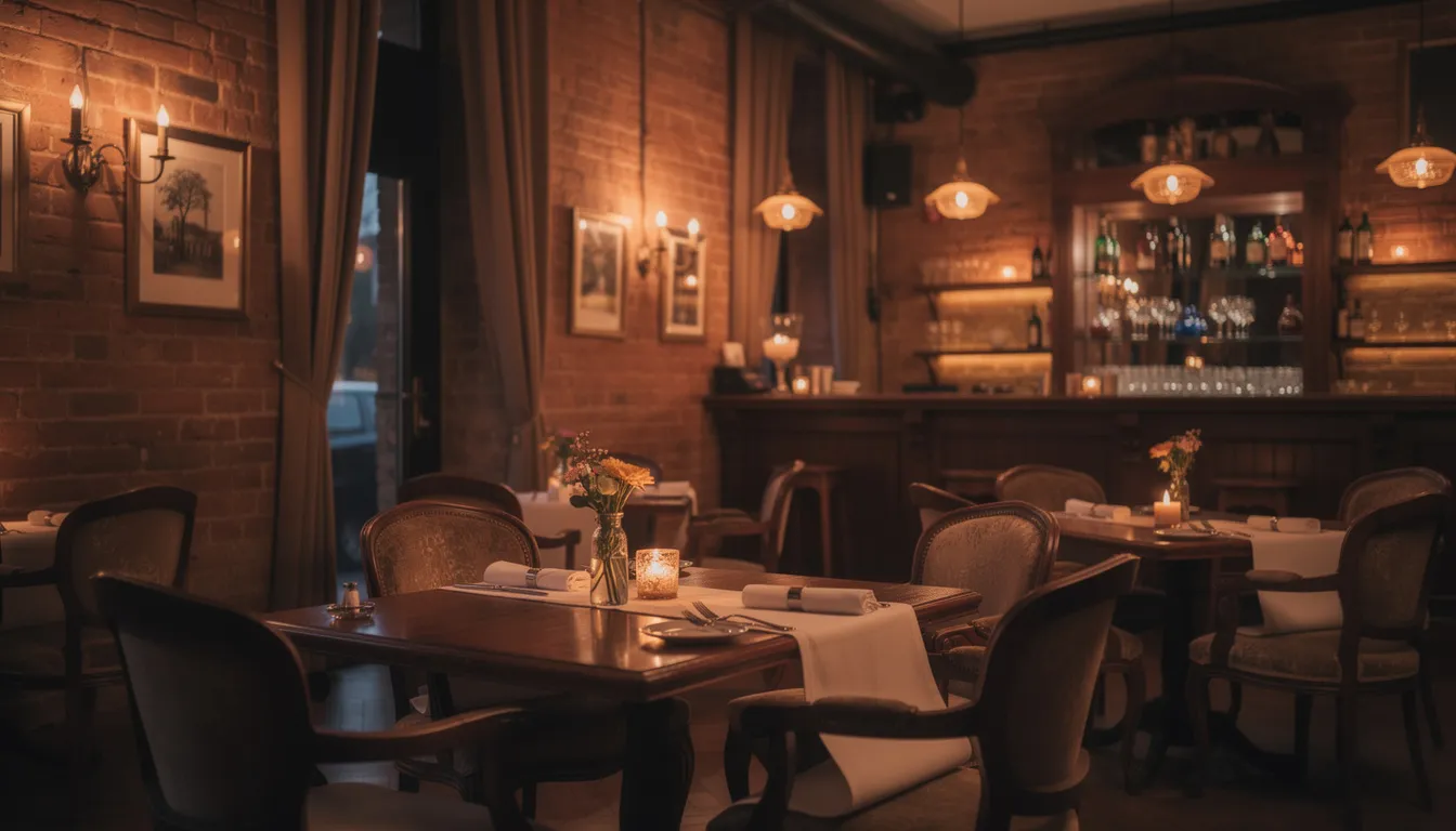 The image showcases an elegant restaurant interior featuring vintage furnishings, exposed brick walls, and romantic lighting that creates a cozy atmosphere, perfect for a romantic dinner or a special date night in central London. The dimly lit dining room, adorned with flickering candlelight and velvet curtains, exudes old school charm, making it one of the most romantic restaurants for an anniversary dinner or a first date.