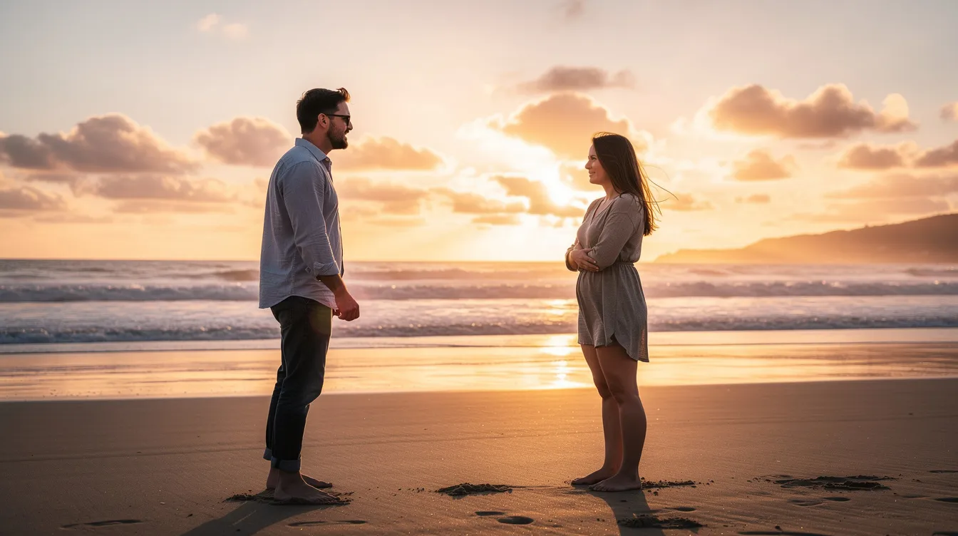 The image depicts a couple standing apart on a beach during sunset, with one partner gazing towards the other, who is turned away, highlighting a moment of emotional distance often seen in relationships with avoidant attachment styles. This scene reflects the complexities of attachment in romantic relationships, where emotional intimacy may be challenged by differing attachment patterns.