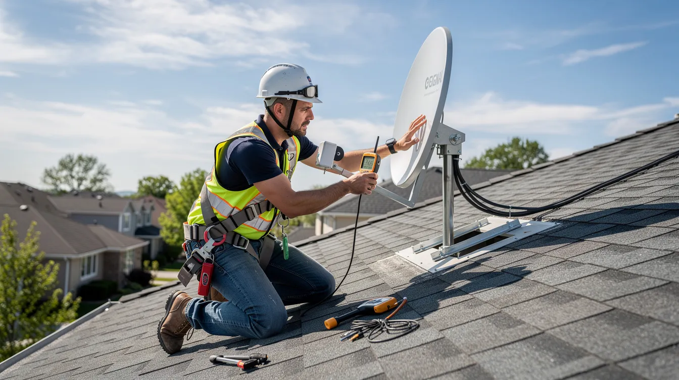 A technician is seen carefully aligning a satellite dish on a residential rooftop using a signal meter, ensuring optimal connectivity for the DStv Explora decoder and its HD channels. The scene highlights the importance of proper installation for accessing various DStv packages and services.