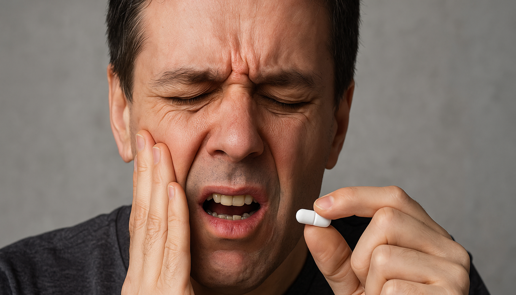 Mann med smertefull ansiktsuttrykk holder hånden mot kinnet, samtidig som han har hvit pille i hånden.