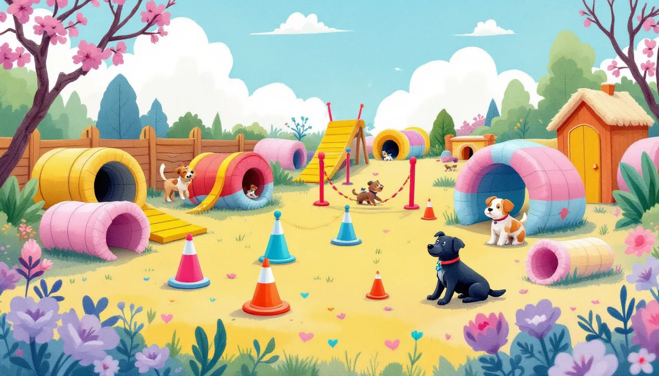 An obstacle course set up for dogs, demonstrating physical exercise and fun.