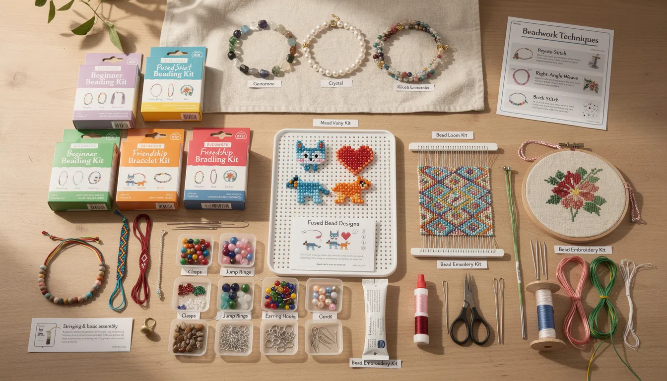 An array of beading kits is displayed, showcasing options for all skill levels, from beginner to advanced. Each kit contains high-quality beads, findings, and detailed instructions, allowing crafters to easily create beautiful jewellery pieces like friendship bracelets or intricate beadwork designs.
