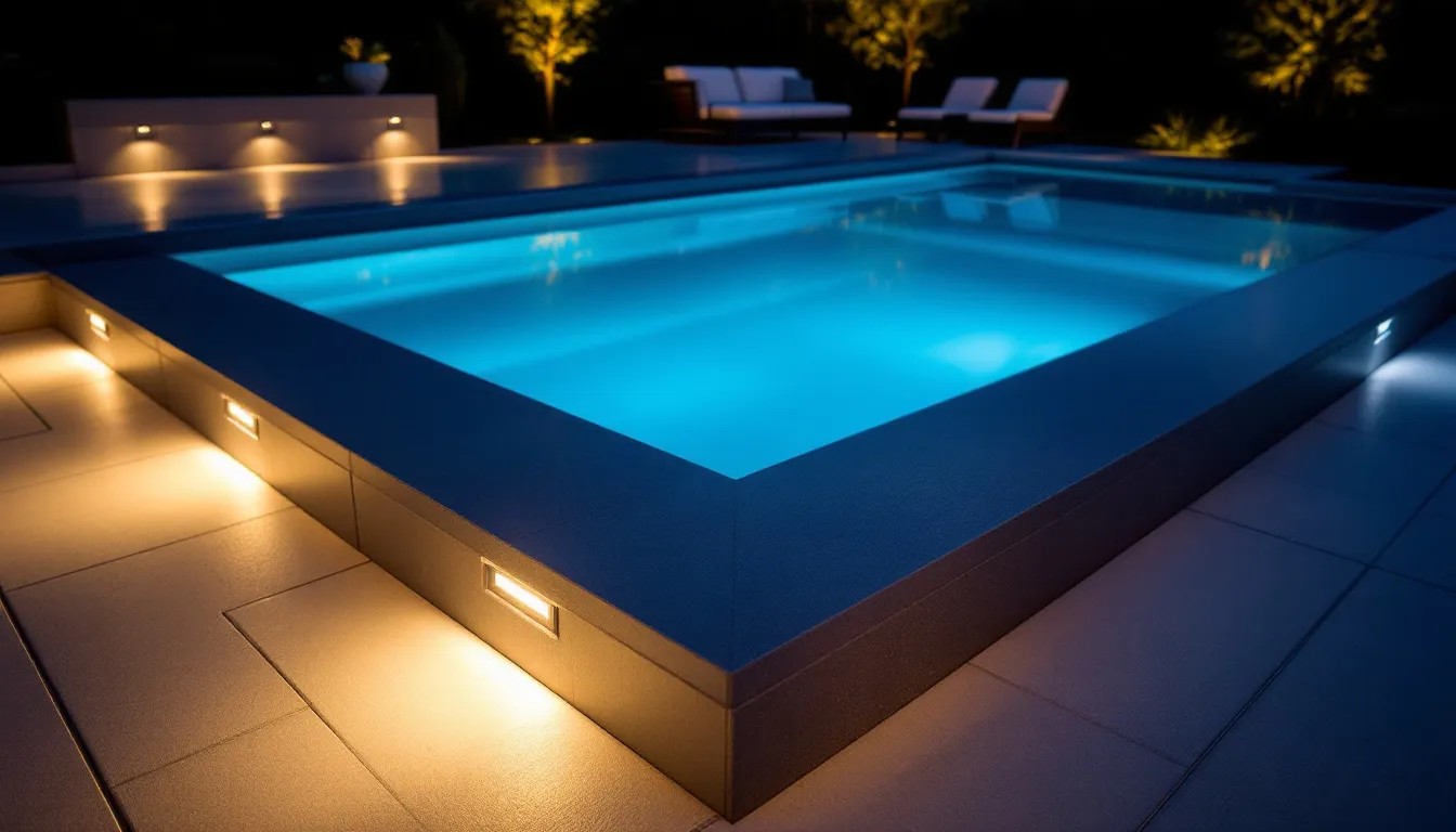 Key benefits of LED pool lights in a swimming pool setting.