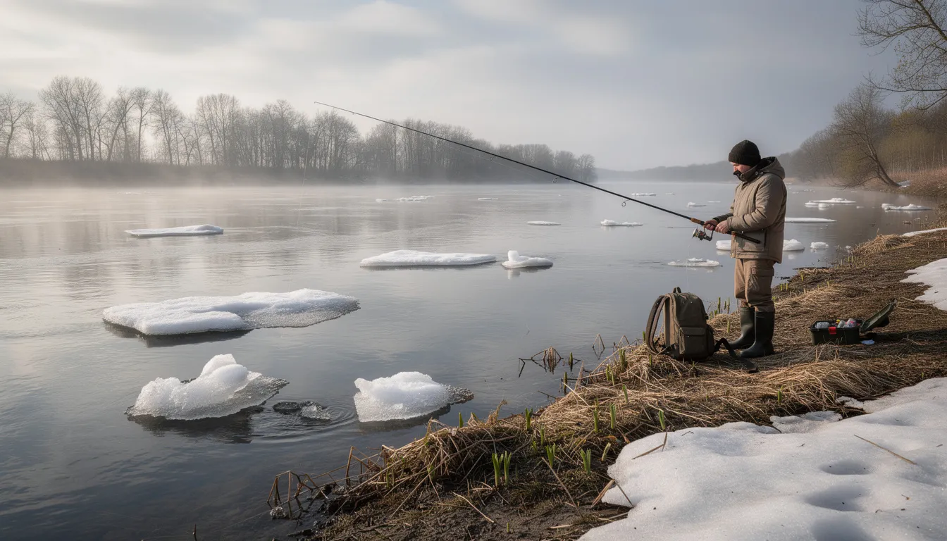 Na wiosennym brzegu rzeki, gdzie topnieje lód, wędkarz przygotowuje swój sprzęt do łowienia ryb. Wczesną wiosną, w cieplejszych dniach, ryby zaczynają intensywnie żerować, co sprawia, że to idealny czas na poszukiwanie popularnych gatunków, takich jak szczupak czy leszcz.