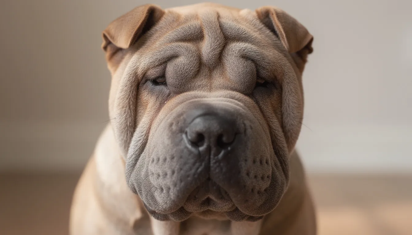 Zbliżenie na głowę shar pei, ukazujące jego charakterystyczne fałdy skórne, krótką kufę oraz małe trójkątne uszy. Wygląd shar pei jest unikalny, z pomarszczoną skórą, co czyni go jedną z najbardziej rozpoznawalnych ras psów.