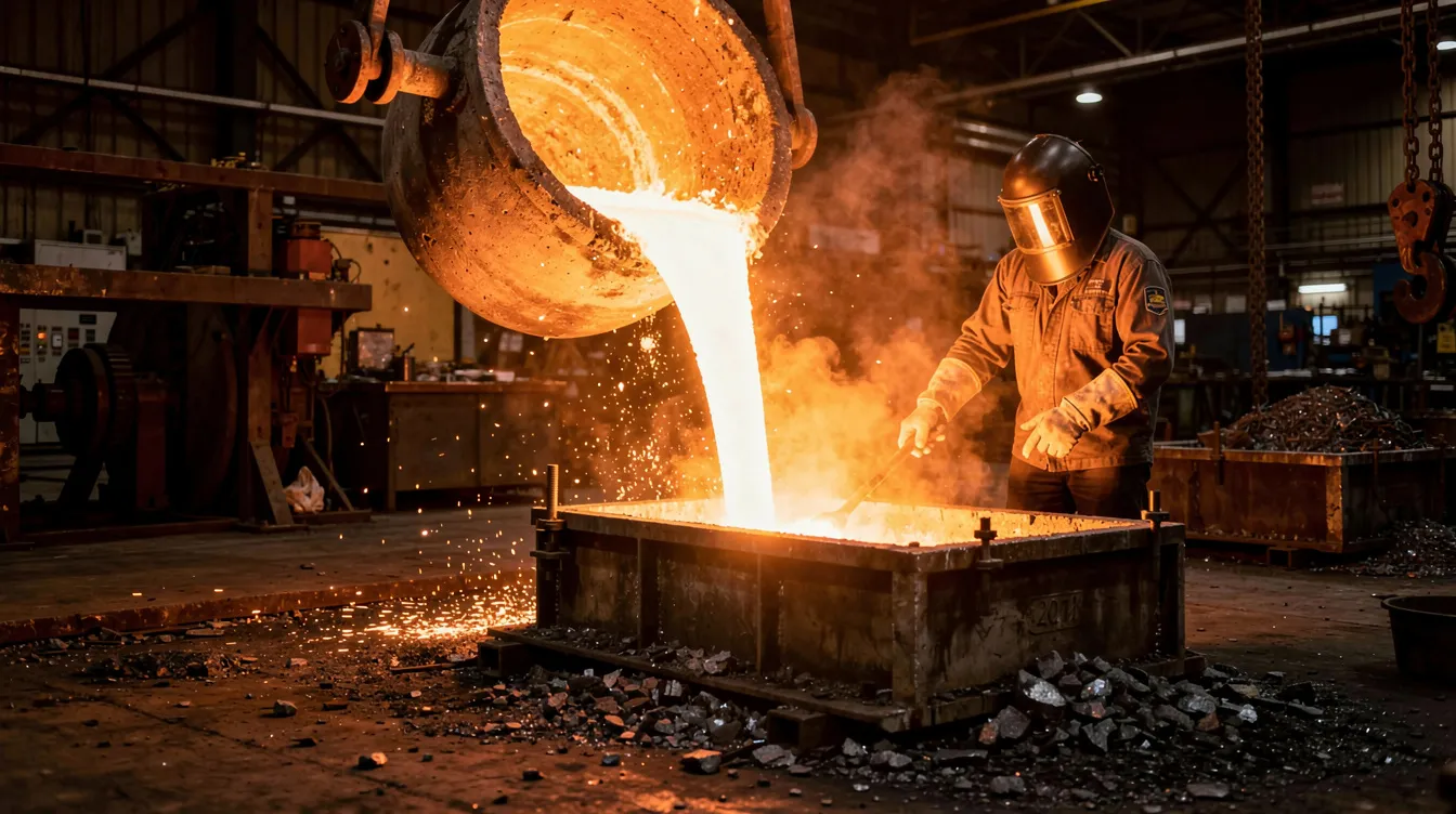The image depicts molten metal being poured from a crucible into a steel mold within a foundry, illuminated by an orange glow. This process is essential for producing zinc aluminum alloys, known for their excellent mechanical properties and corrosion resistance.