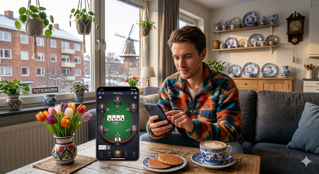 Man speelt poker via een mobiele casino app op smartphone, voorbeeld van poker apps en online casino apps waar spelers favoriete casino games spelen via iOS en Android apparaten in een mobiel online casino.