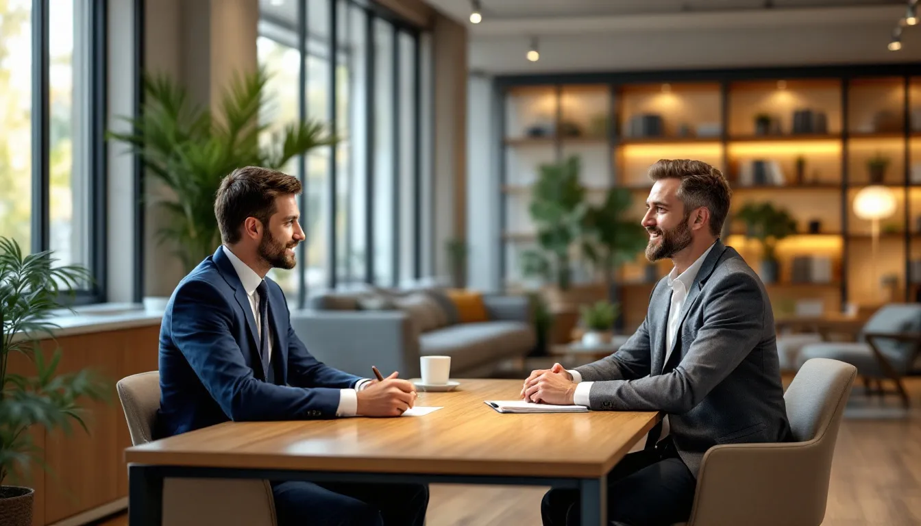 An estate planning attorney discussing legal options with a client in a law office.