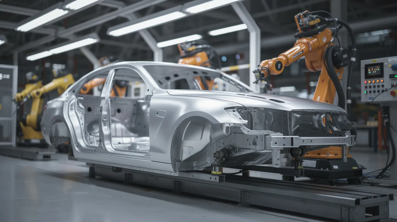 A close-up view of a bare car body shell made from sheet metal, showcasing its smooth surface and complex shapes, is positioned on an automotive assembly line. In the background, robotic arms are poised to assist in the fabrication process, highlighting the precision and efficiency essential in the automotive industry.