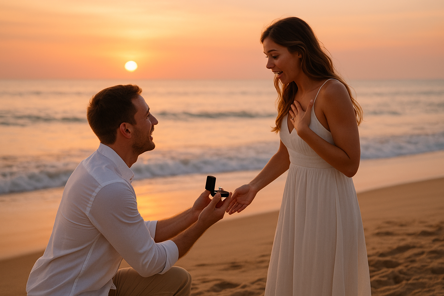 Vyras pasipiršta merginai prie jūros saulėlydžio metu, įteikdamas sužadėtuvių žiedą.