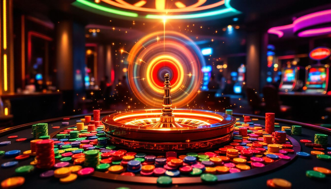 A roulette wheel spinning with colorful chips around it, representing online roulette games.