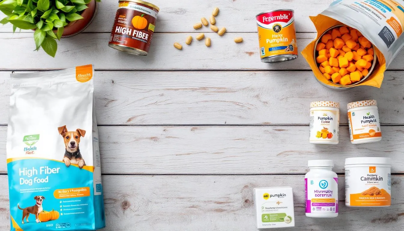A table is filled with various high-fiber dog foods, including canned pumpkin and dietary supplements, aimed at addressing dog constipation. This arrangement reflects the dietary management options for pet parents dealing with constipated dogs, emphasizing the importance of a high fiber diet for maintaining a healthy digestive system.