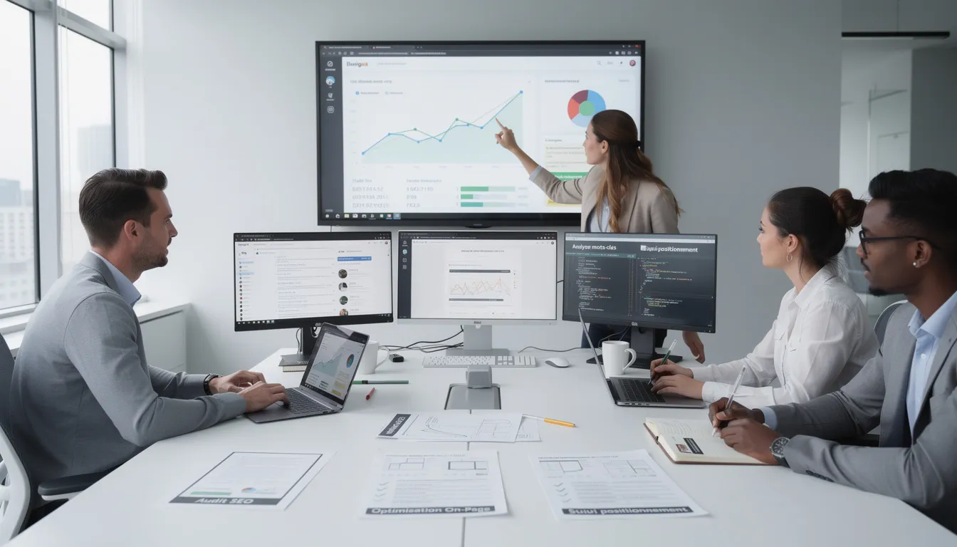 Une équipe d'experts SEO travaille ensemble sur l'optimisation de sites web, se concentrant sur la stratégie de référencement pour améliorer la visibilité et le trafic organique des clients. Ils analysent des mots clés stratégiques et mettent en œuvre des techniques pour atteindre les premiers résultats sur les moteurs de recherche.