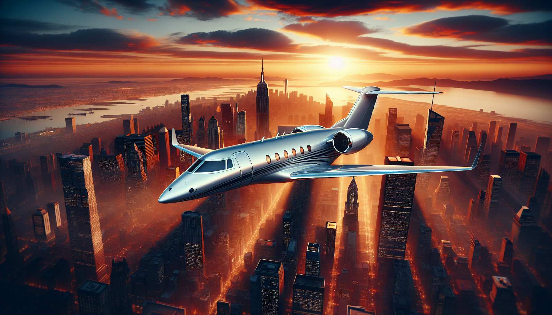 Private jet flying over a city at sunset