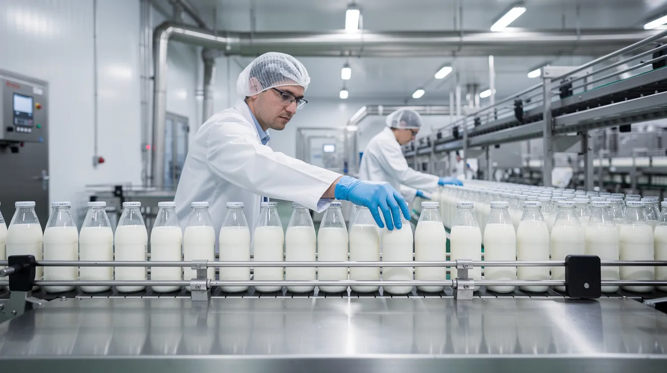 In a clean industrial facility, workers are inspecting dairy beverage bottles on a production conveyor, ensuring product quality and adherence to production requirements. The scene highlights the efficiency of the bottle filling machine and the importance of hygiene in the dairy production process.