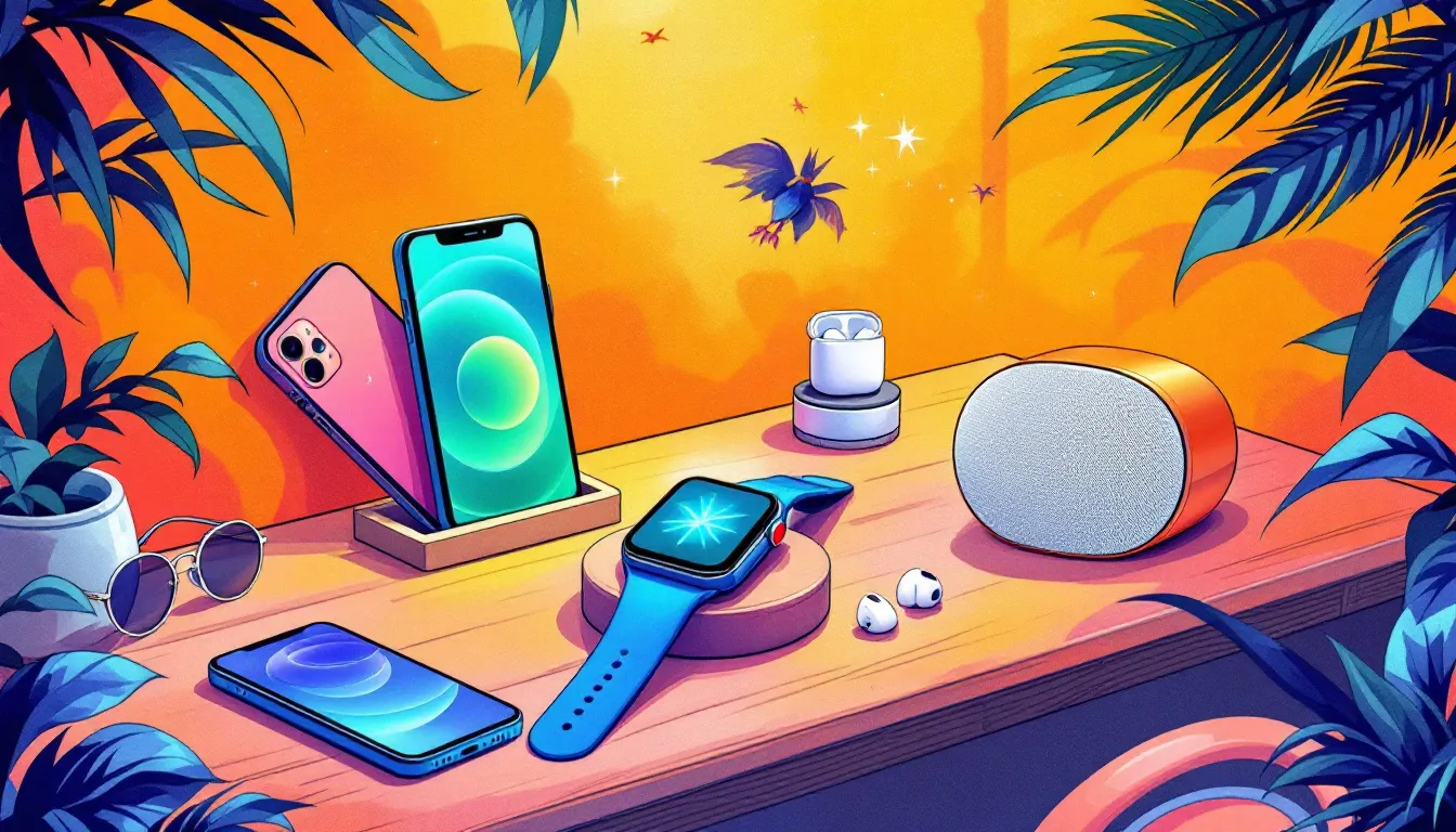 A variety of tech gadgets, including an Apple Watch and wireless earbuds, representing tech gifts for men.