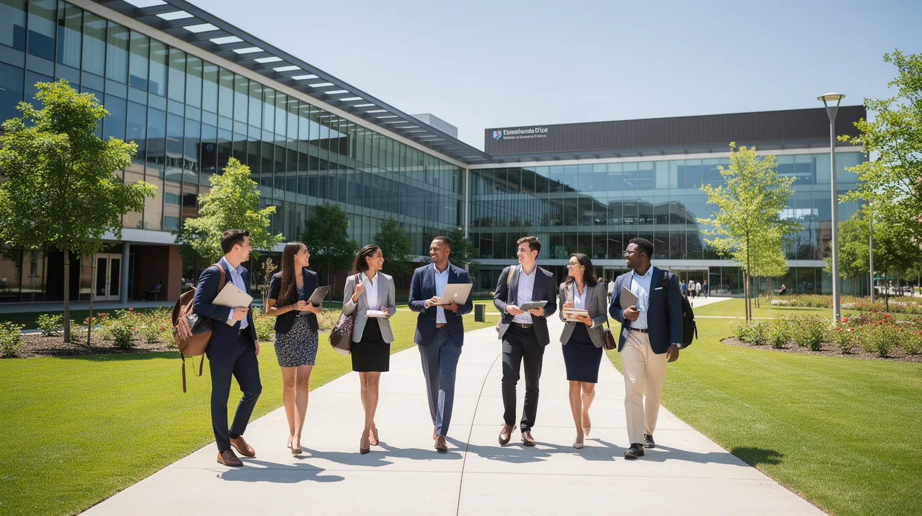 A group of Indian students dressed in professional attire walk through a modern university campus, characterized by sleek glass buildings and lush green lawns, reflecting the vibrant city life and academic excellence found in Irish universities like Trinity College Dublin. The scene captures the essence of life in Ireland for international students, highlighting their pursuit of quality education amidst a diverse cultural environment.