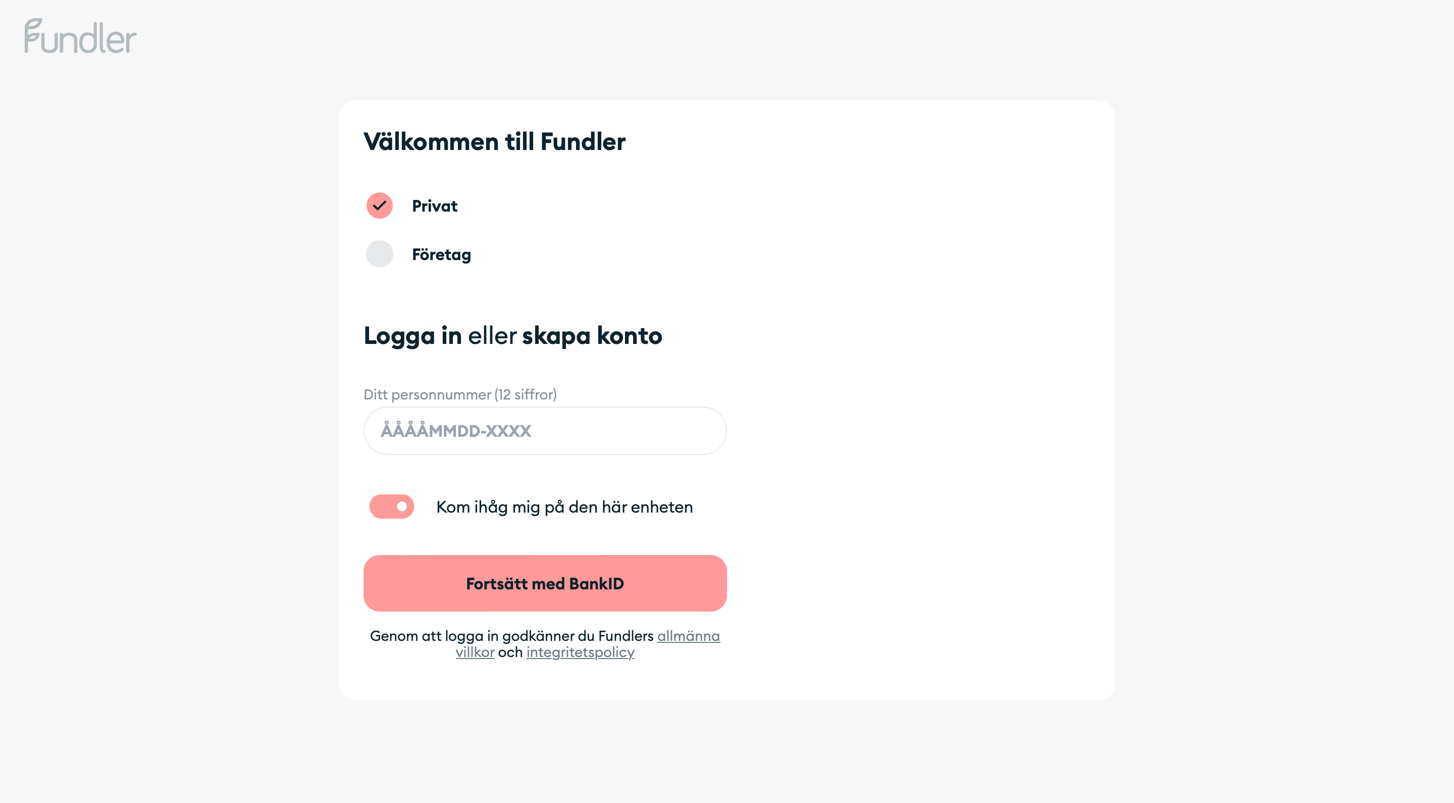 Fyll i personnummer, ange privat eller företagskonto och starta ditt mobila BankID