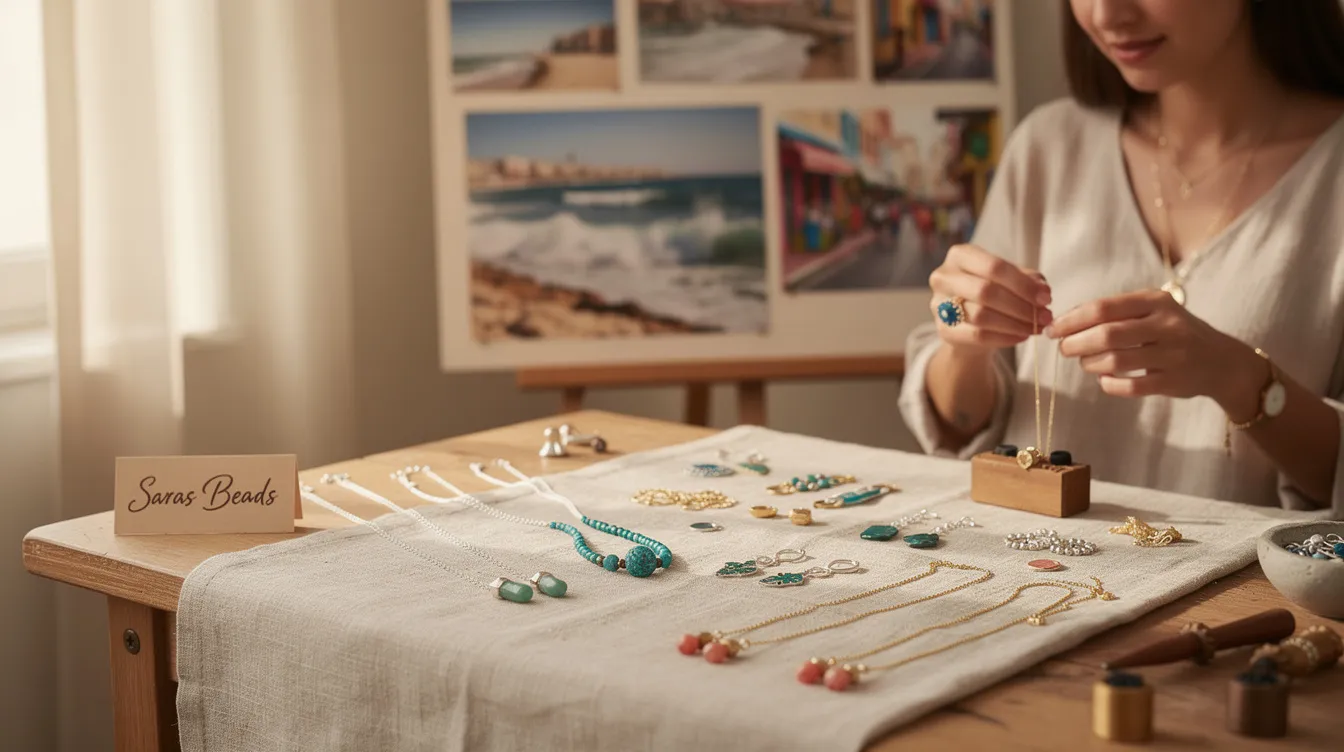 The image showcases a stunning collection of handcrafted jewellery from Saras Beads, featuring meticulously crafted sterling silver necklaces and gold plated pieces that reflect the vibrant colours of the Mediterranean. Each piece tells a beautiful story of Sarah's journey, making them perfect for everyday wear or as thoughtful gifts for loved ones.