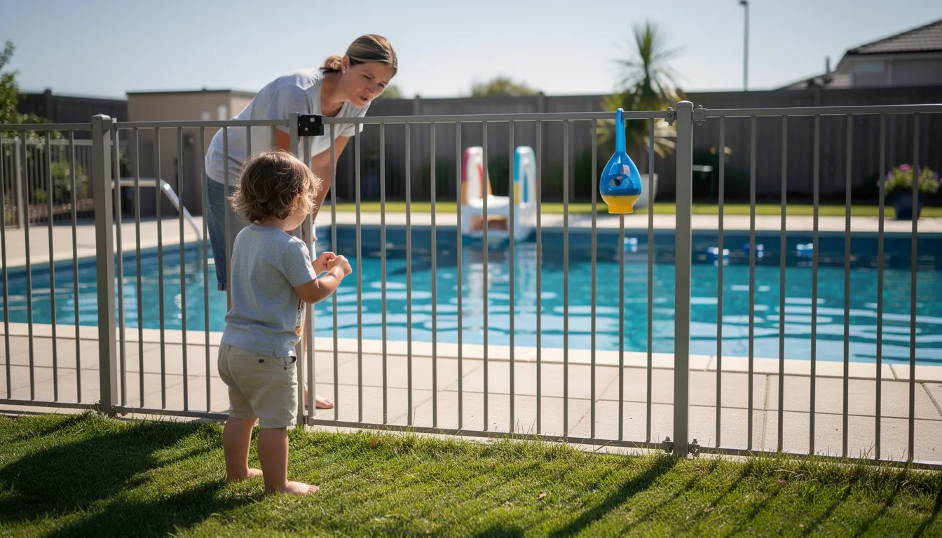 A young child peers through a pool fence in a backyard setting, while an adult stands nearby, emphasizing the importance of pool safety and supervision for young children. The scene highlights the need for proper barriers and safety equipment to prevent accidents and ensure a safe swimming environment.
