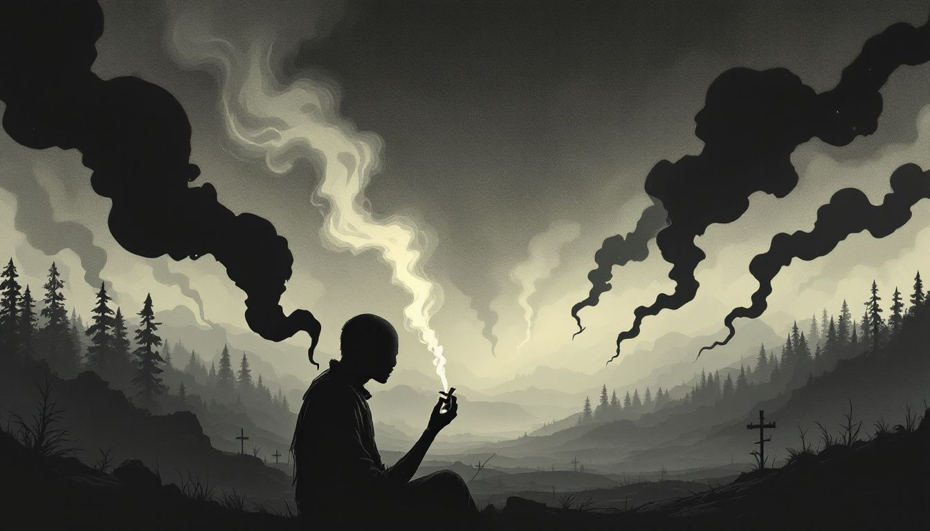 An illustration showing various harmful chemicals found in tobacco smoke.